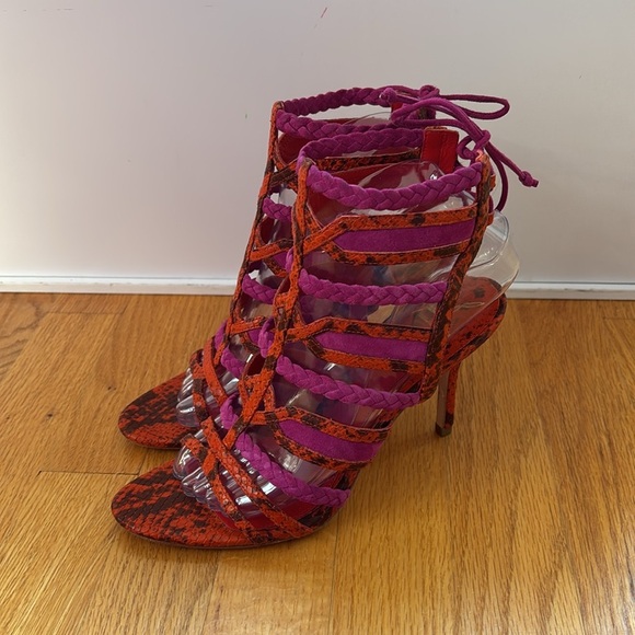 BRIAN ATWOOD Felisa Sandals Strappy Braided Leather Orange Pink Size 7.5 Animal - Picture 14 of 14